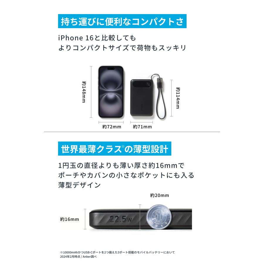 Anker Power Bank (10000mAh, 22.5W) (モバイルバッテリー 最大22.5W出力 USB-C & USB-C ケーブル付属 ディスプレイ搭載) USB PD