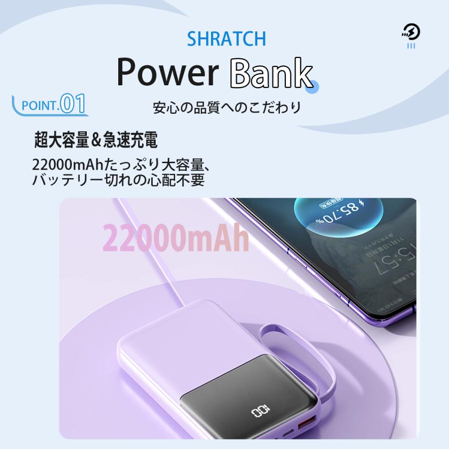 モバイルバッテリー 大容量 小型 22000mAh 軽量 2.1A急速充電 4台同時充電 機内持込可 iPhone17対応 LED残量表示 携帯バッテリー PSE認証 SHRATCH 停電対策