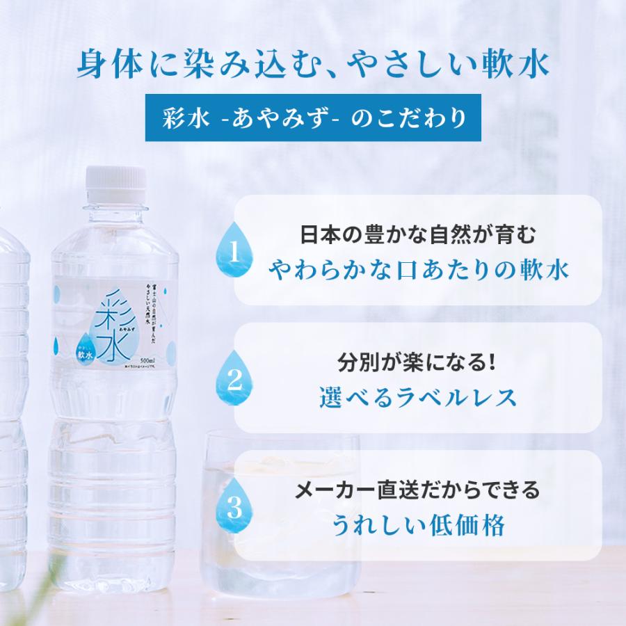 水  500ml×48本 ミネラルウォーター【 彩水 -あやみず- 】軟水 天然水 ペットボトル ラベルレス LIFEDRINK お水 最短翌日お届け ポイント消化 みず 国産 爆買